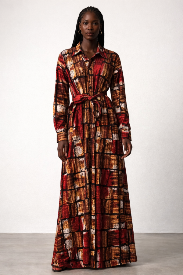 Red & Brown Ankara Shirt Dress with Belt