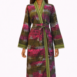 The Dorothy Long Kimono — Garden Grid with Olive Trim