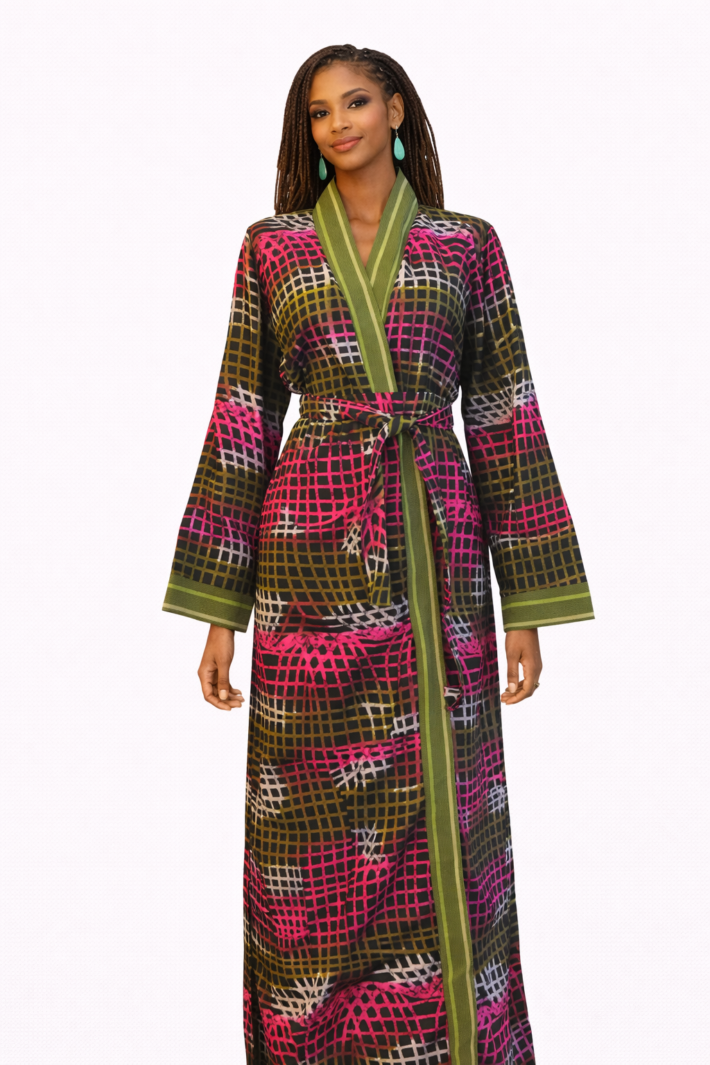The Dorothy Long Kimono — Garden Grid with Olive Trim