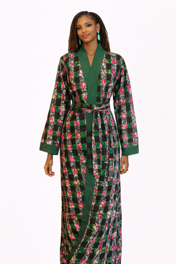 Dorothy Long Kimono– Green Patchwork Check