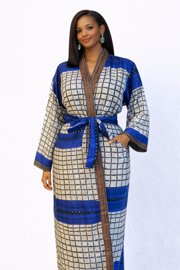 Dorothy Long Kimono – Indigo Grid Edition