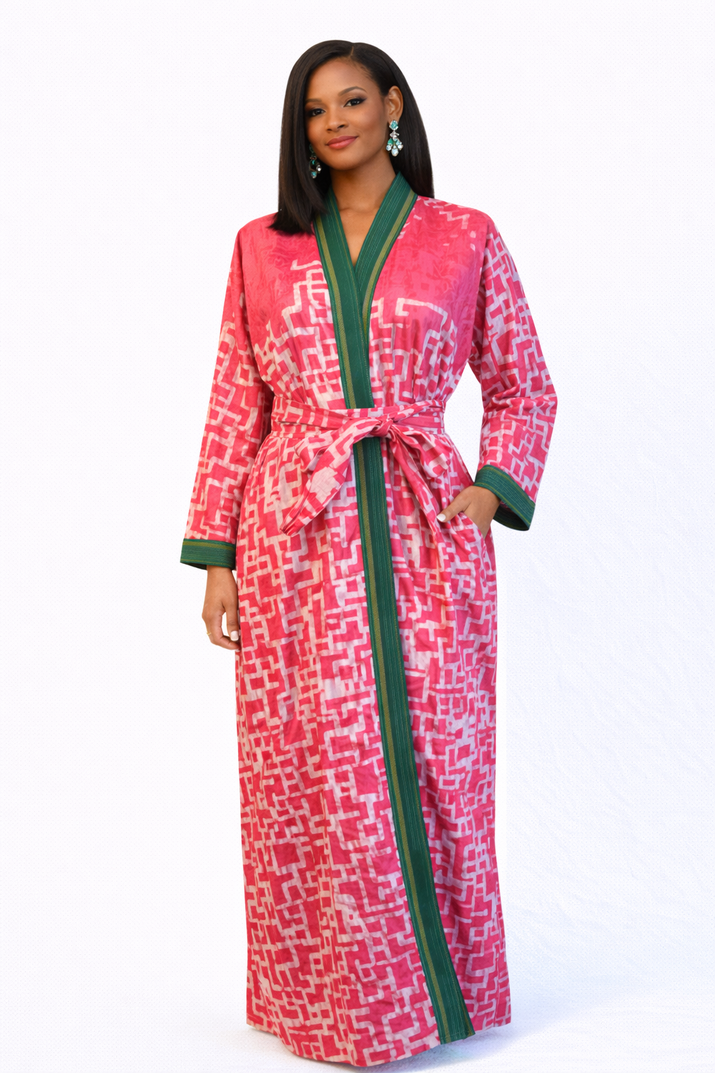 The Dorothy Long Kimono — Rose Maze with Emerald Trim