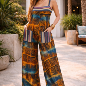 Alyssah Jumpsuit – Adire Batik with Liberian Country Cloth Pocket Trim