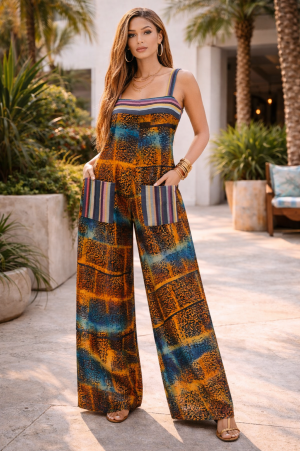 Alyssah Jumpsuit – Adire Batik with Liberian Country Cloth Pocket Trim