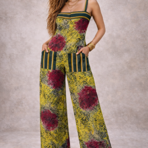 Alyssah Jumpsuit – Adire Batik with Green Stripe Trim & Liberian Country Cloth Pockets