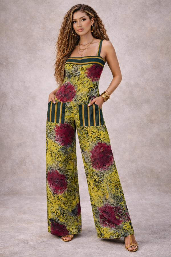 Alyssah Jumpsuit – Adire Batik with Green Stripe Trim & Liberian Country Cloth Pockets