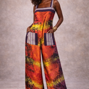 Alyssah Jumpsuit – Adire Batik with Plum Stripe Trim & Liberian Country Cloth Pockets