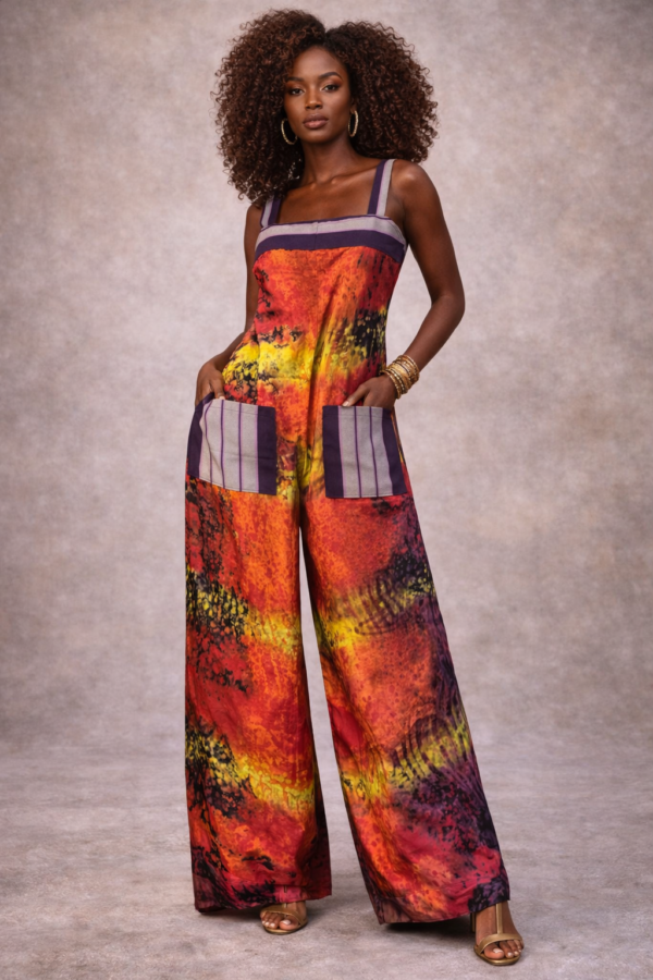 Alyssah Jumpsuit – Adire Batik with Plum Stripe Trim & Liberian Country Cloth Pockets