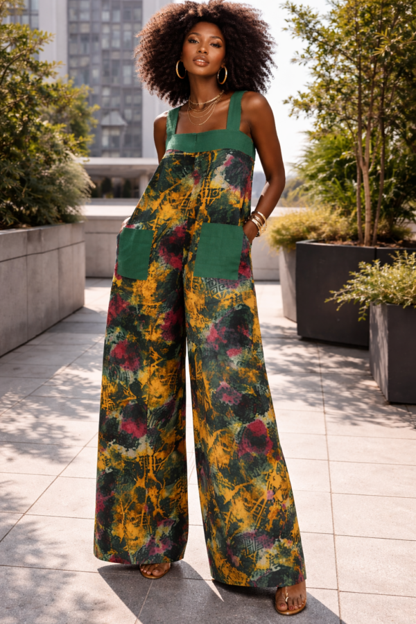 Alyssah Jumpsuit – Forest Batik with Liberian Country Cloth Pockets