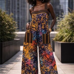 Alyssah Jumpsuit – Adire Batik with Liberian Country Cloth Pocket Trim
