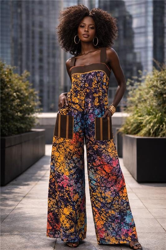 Alyssah Jumpsuit – Adire Batik with Liberian Country Cloth Pocket Trim