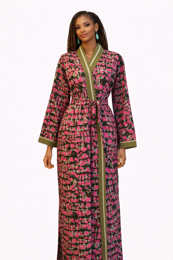 The Dorothy Long Kimono — Garden Mosaic with Olive Trim