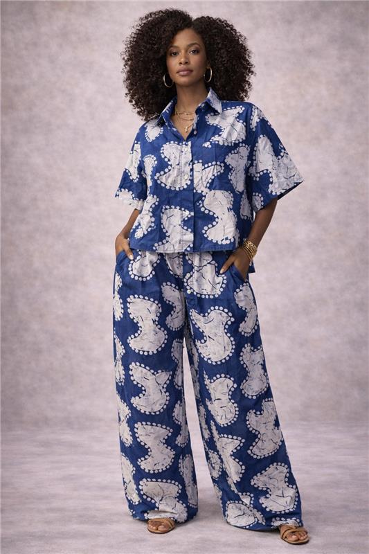 The Marcella Two-Piece Pant Set – Indigo Cloud Batik