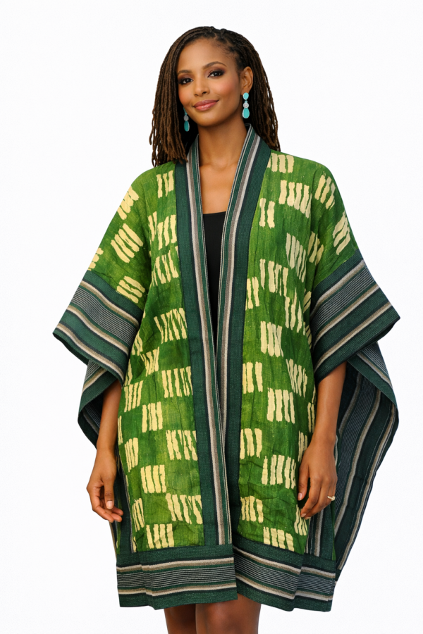 Louise Kimono – Green Adire Grid