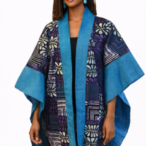 Louise Kimono – Indigo & Teal Abstract Print with Blue Aso Oke Trim