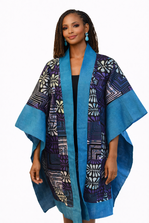 Louise Kimono – Indigo & Teal Abstract Print with Blue Aso Oke Trim