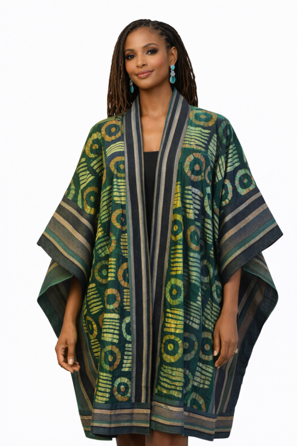 Louise Kimono – Forest Circle Print with Aso Oke Trim