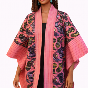 Louise Kimono – Rose Wave Print with Aso Oke Trim