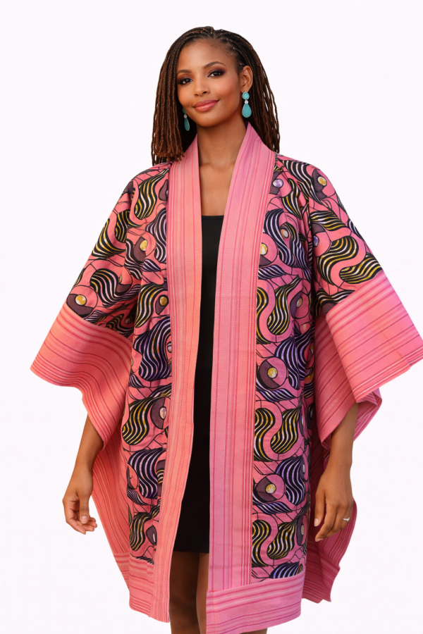 Louise Kimono – Rose Wave Print with Aso Oke Trim
