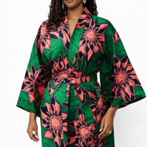 The Lurabelle Kimono — Emerald Green & Coral Bloom (Ankara)