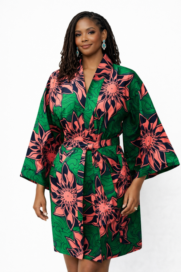 The Lurabelle Kimono — Emerald Green & Coral Bloom (Ankara)