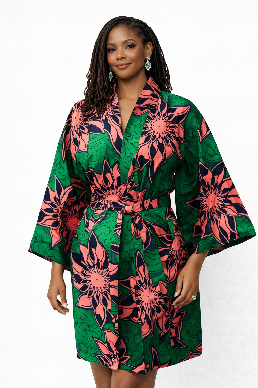 The Lurabelle Kimono — Emerald Green & Coral Bloom (Ankara)
