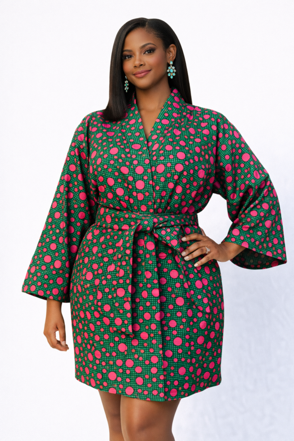 The Lurabelle Kimono — Green Base with Pink Dot Print