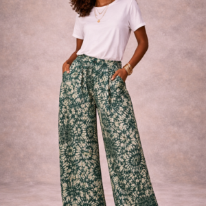 Adire Wide-Leg Pants – Forest Green Burst