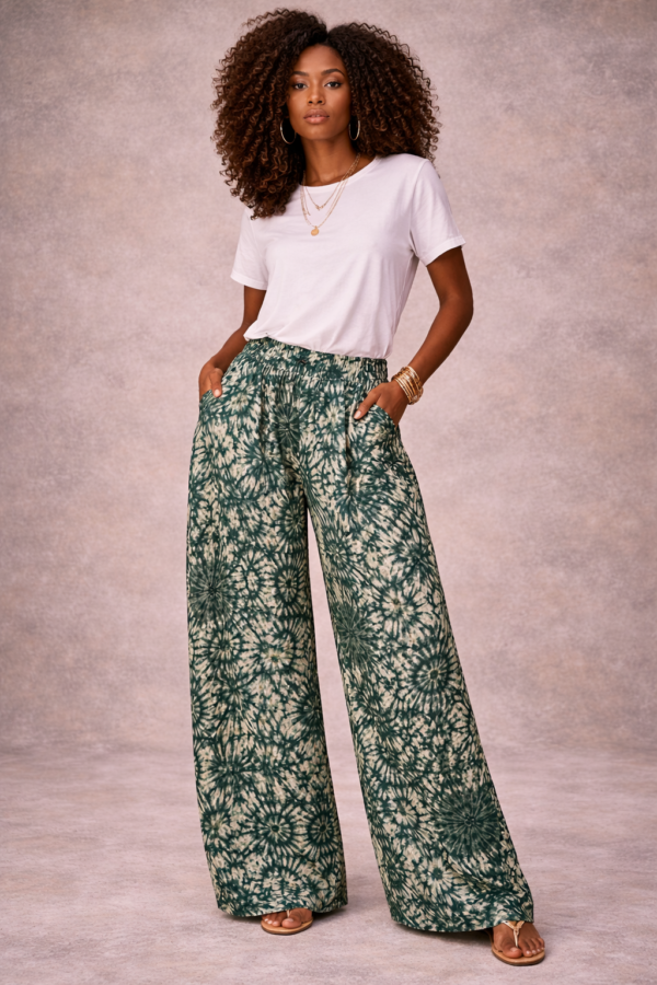 Adire Wide-Leg Pants – Forest Green Burst