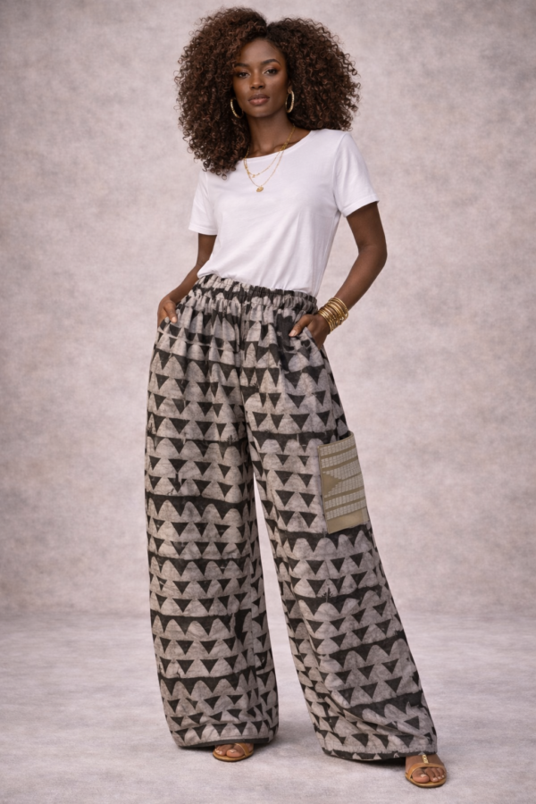Adire Wide-Leg Pants with Liberian Country Cloth Pocket