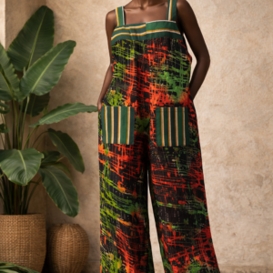 Alyssah Jumpsuit – Adire Batik with Green Stripe Trim & Liberian Country Cloth Pockets